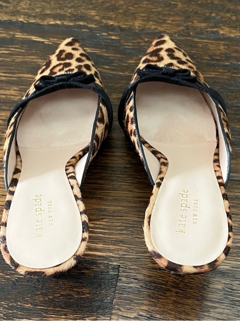 Kate Spade Leopard Print Pointed Toe Mules With Black Trim